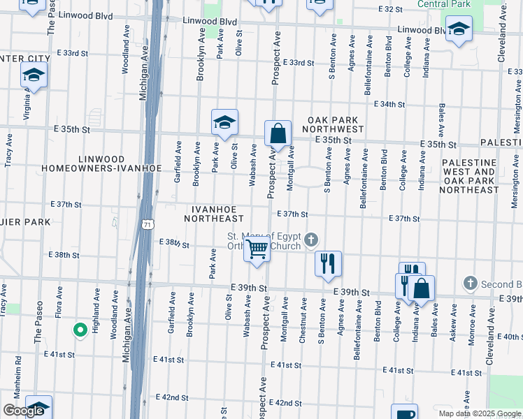 map of restaurants, bars, coffee shops, grocery stores, and more near 3723 Wabash Avenue in Kansas City