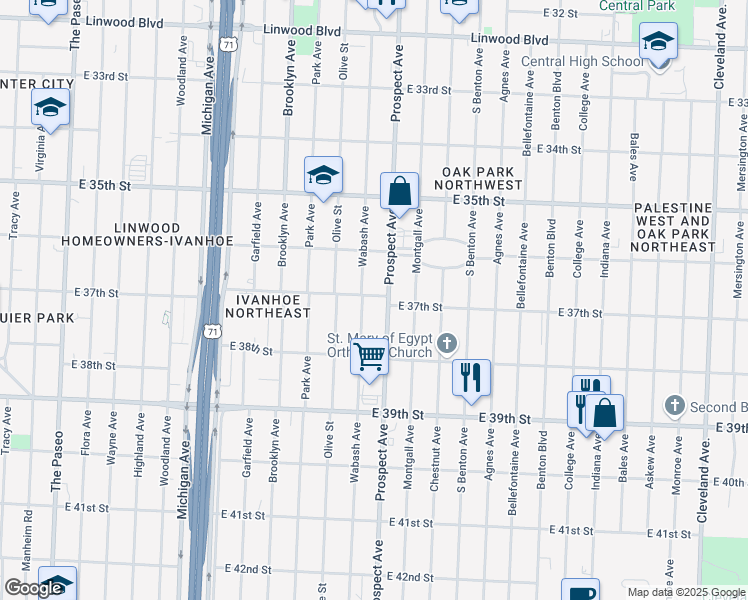 map of restaurants, bars, coffee shops, grocery stores, and more near 3723 Wabash Avenue in Kansas City