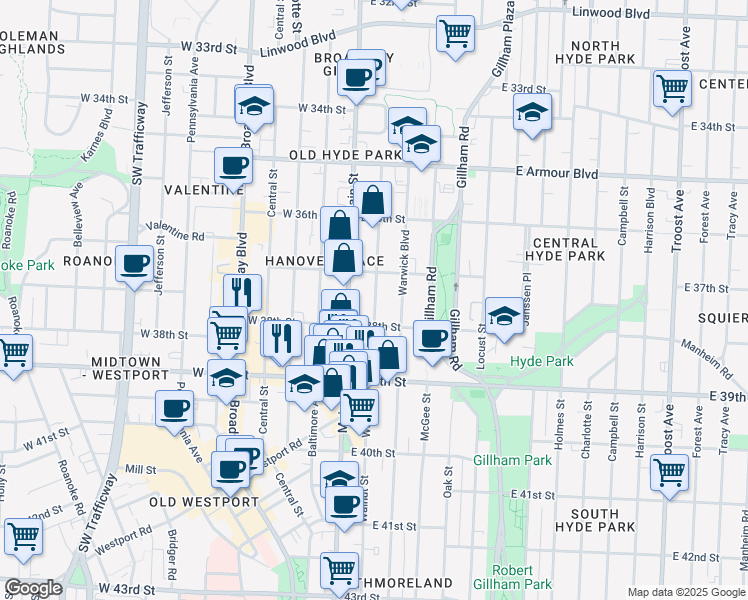 map of restaurants, bars, coffee shops, grocery stores, and more near 3745 Main Street in Kansas City