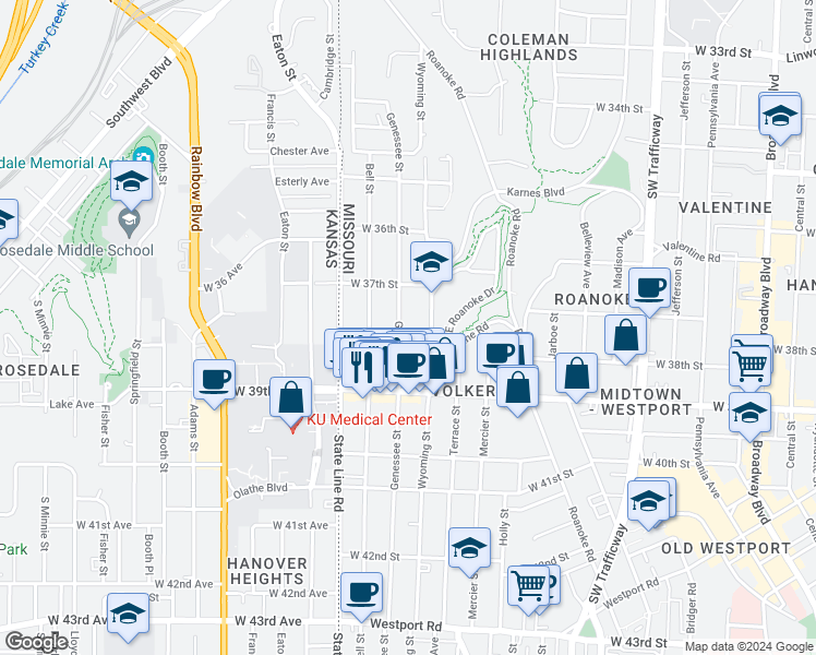 map of restaurants, bars, coffee shops, grocery stores, and more near 3806 Genessee Street in Kansas City