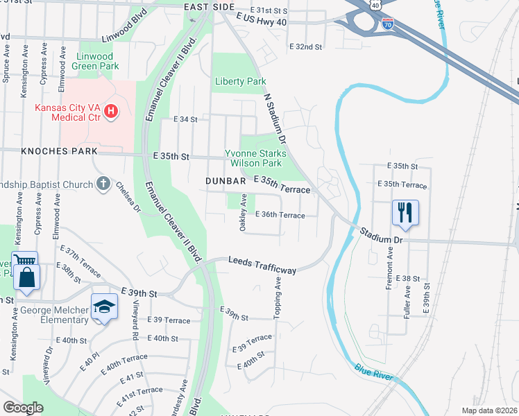 map of restaurants, bars, coffee shops, grocery stores, and more near 5614 East 36th Terrace in Kansas City