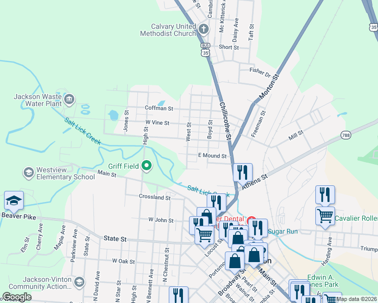 map of restaurants, bars, coffee shops, grocery stores, and more near 8 East Earl Street in Jackson