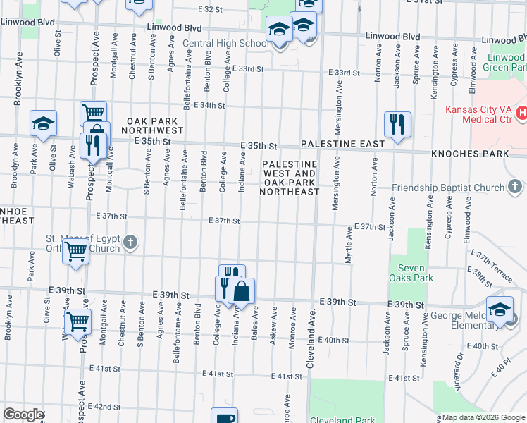 map of restaurants, bars, coffee shops, grocery stores, and more near 3704 Askew Avenue in Kansas City