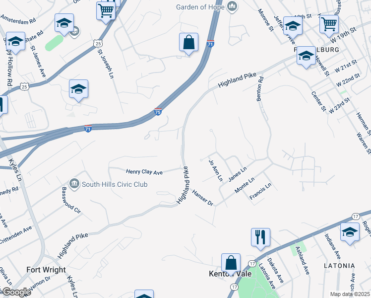 map of restaurants, bars, coffee shops, grocery stores, and more near 938 Highland Avenue in Fort Wright