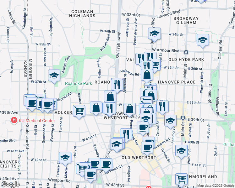 map of restaurants, bars, coffee shops, grocery stores, and more near 3724 Jefferson Street in Kansas City