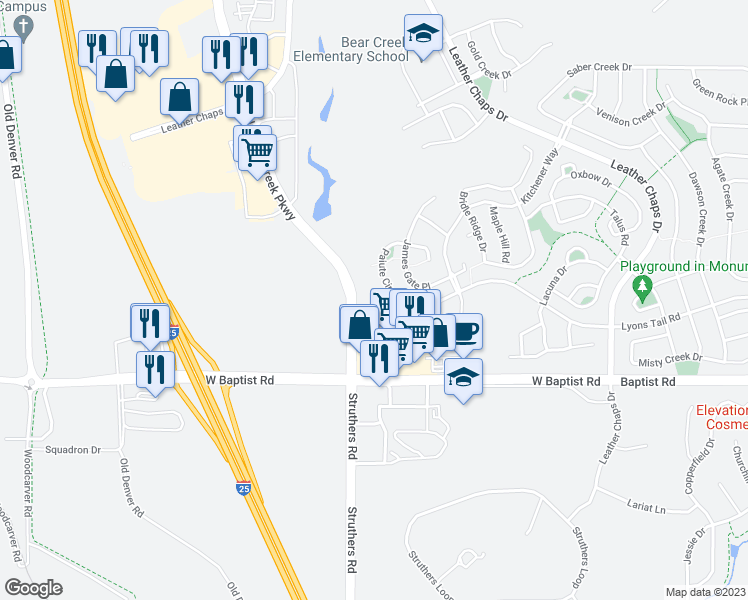 map of restaurants, bars, coffee shops, grocery stores, and more near 850 Merrimac River Way in Monument