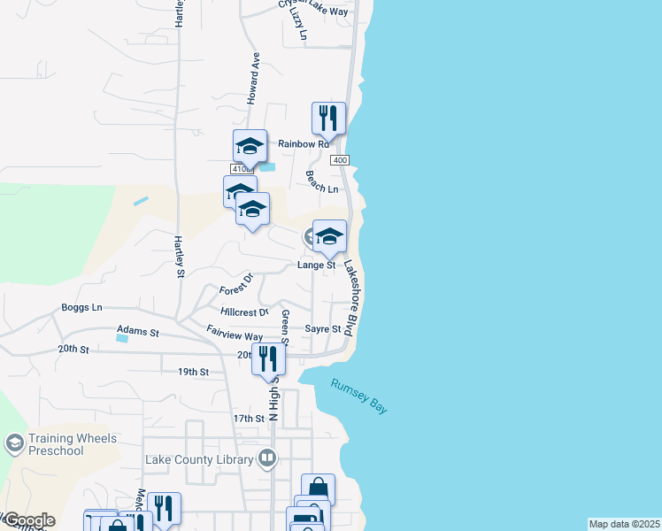 map of restaurants, bars, coffee shops, grocery stores, and more near 150 Lange Street in Lakeport