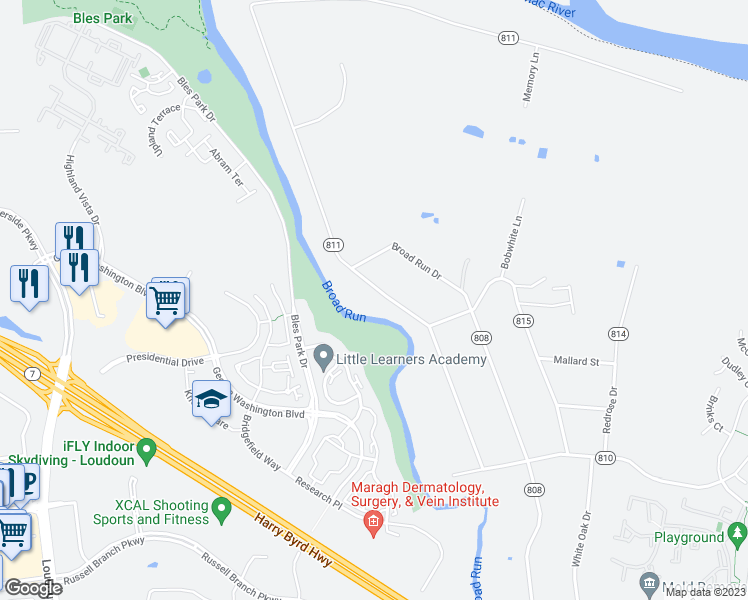 map of restaurants, bars, coffee shops, grocery stores, and more near 20121 Youngs Cliff Road in Sterling