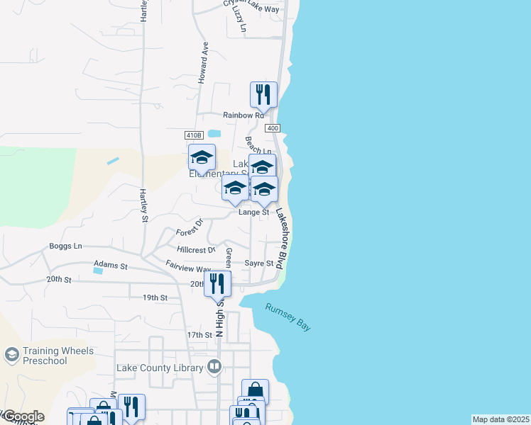 map of restaurants, bars, coffee shops, grocery stores, and more near 150 Lange Street in Lakeport