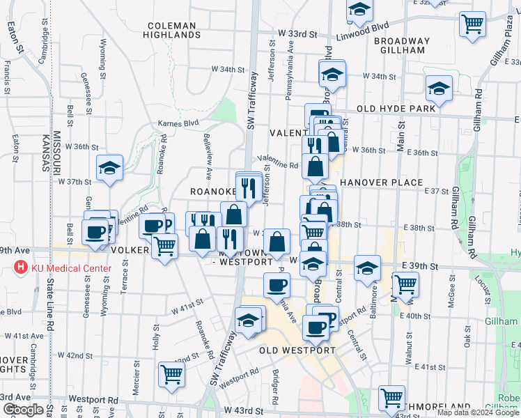 map of restaurants, bars, coffee shops, grocery stores, and more near 3704 Jefferson Street in Kansas City