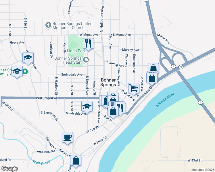 map of restaurants, bars, coffee shops, grocery stores, and more near in Bonner Springs