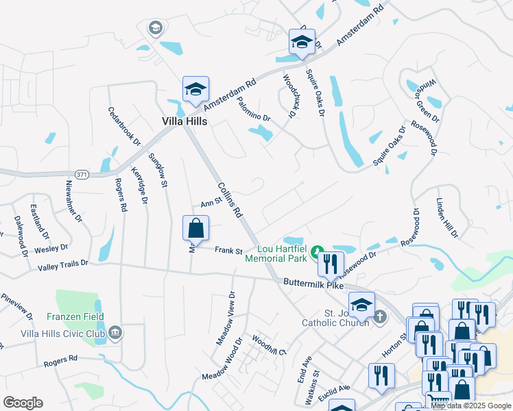 map of restaurants, bars, coffee shops, grocery stores, and more near 2457 Felice Drive in Villa Hills