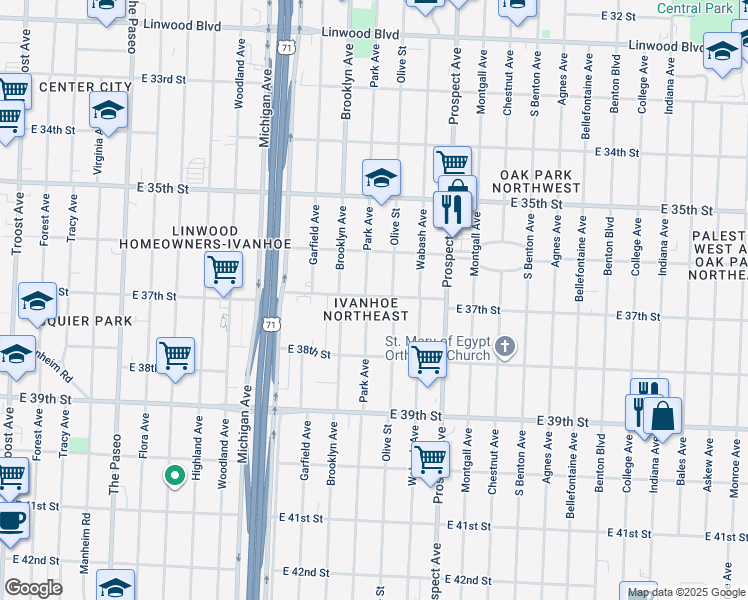 map of restaurants, bars, coffee shops, grocery stores, and more near 3624 Park Avenue in Kansas City