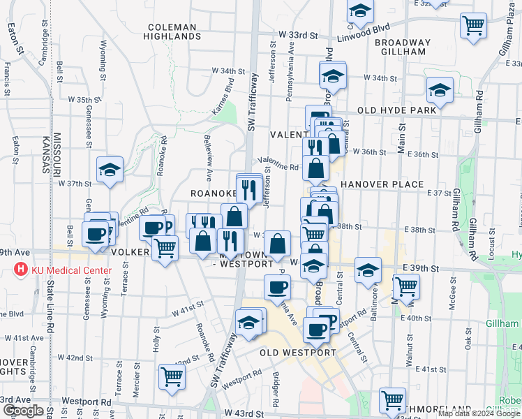 map of restaurants, bars, coffee shops, grocery stores, and more near 3678 Jefferson Street in Kansas City