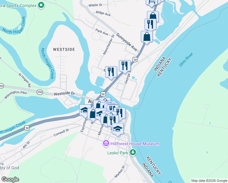 map of restaurants, bars, coffee shops, grocery stores, and more near 312 Johnson Street in Aurora