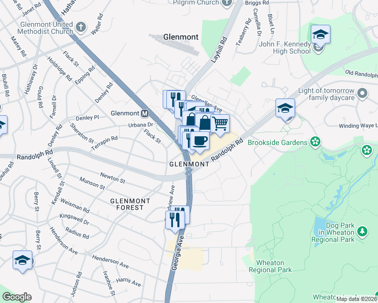 map of restaurants, bars, coffee shops, grocery stores, and more near 12331 Georgia Avenue in Silver Spring