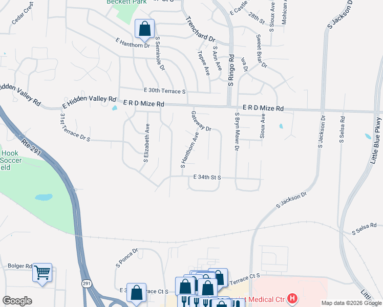 map of restaurants, bars, coffee shops, grocery stores, and more near 18808 East 33rd Street Court South in Independence