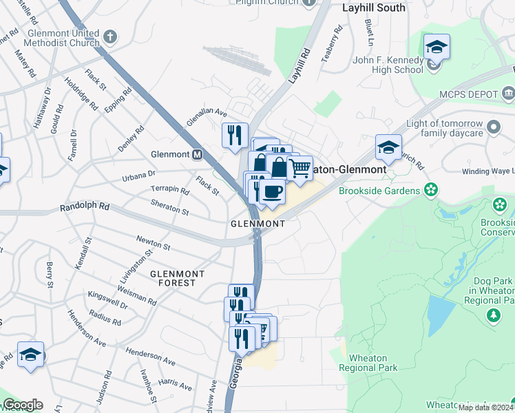 map of restaurants, bars, coffee shops, grocery stores, and more near 12335 Georgia Avenue in Silver Spring