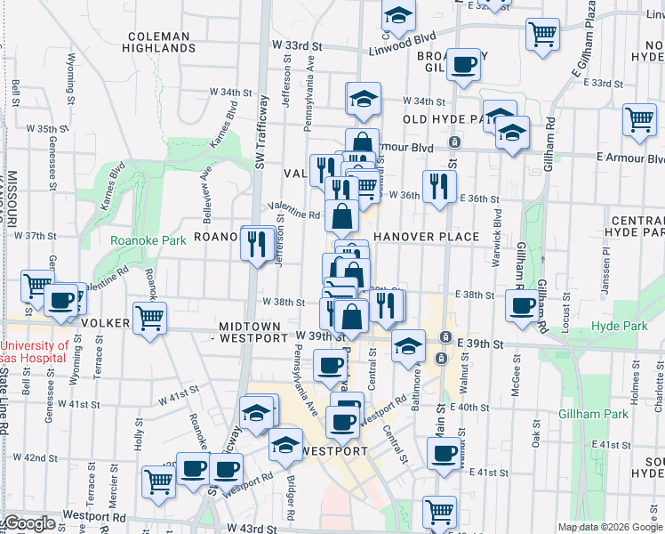 map of restaurants, bars, coffee shops, grocery stores, and more near 3751 Washington Street in Kansas City