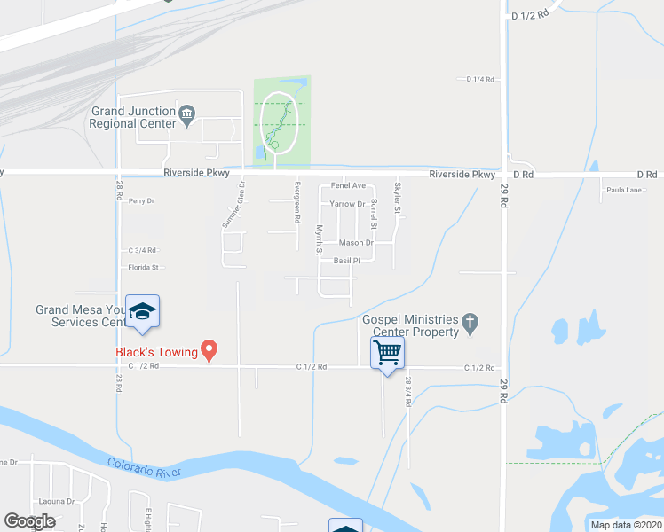 map of restaurants, bars, coffee shops, grocery stores, and more near 2853 Basil Place in Grand Junction