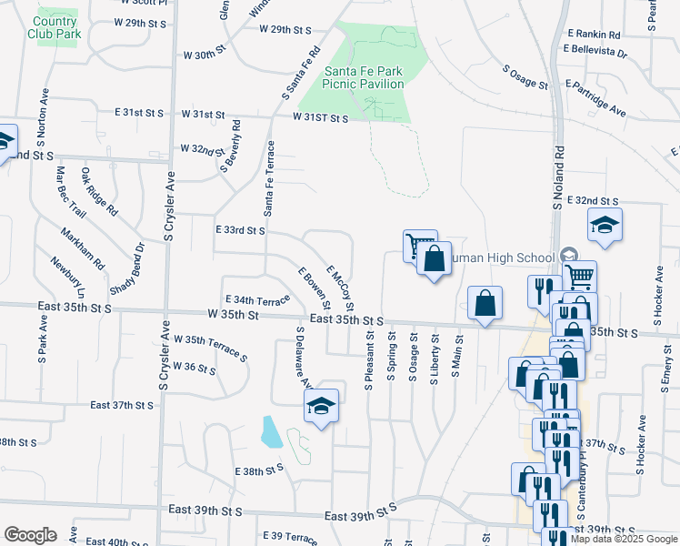 map of restaurants, bars, coffee shops, grocery stores, and more near 12913 East 33rd Street South in Independence