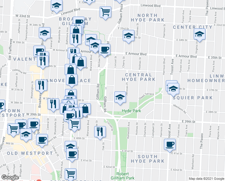 map of restaurants, bars, coffee shops, grocery stores, and more near 400 East 37th Street in Kansas City