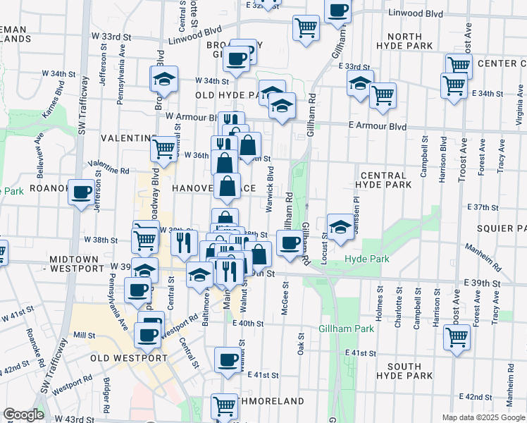 map of restaurants, bars, coffee shops, grocery stores, and more near 3702 East 37th Street in Kansas City