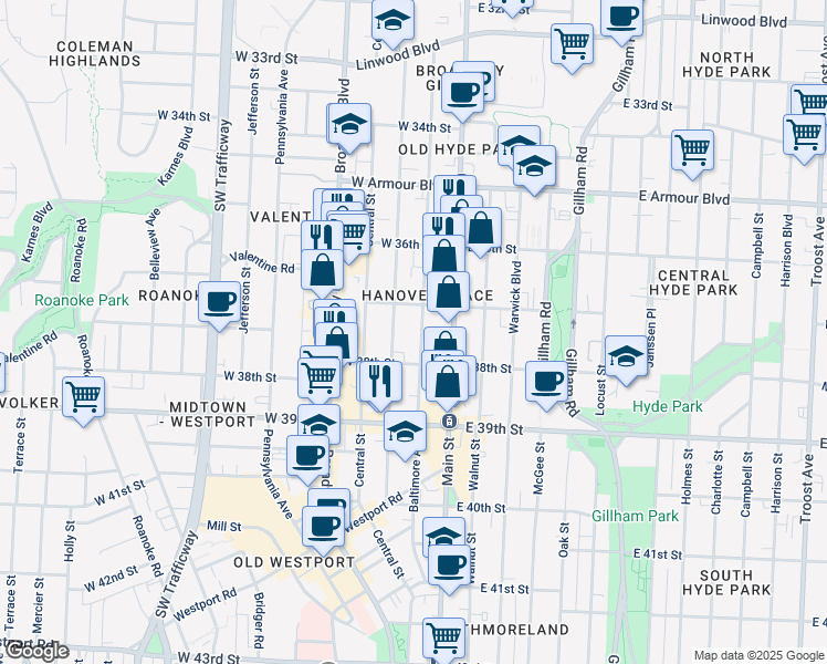map of restaurants, bars, coffee shops, grocery stores, and more near 3701 Baltimore Avenue in Kansas City