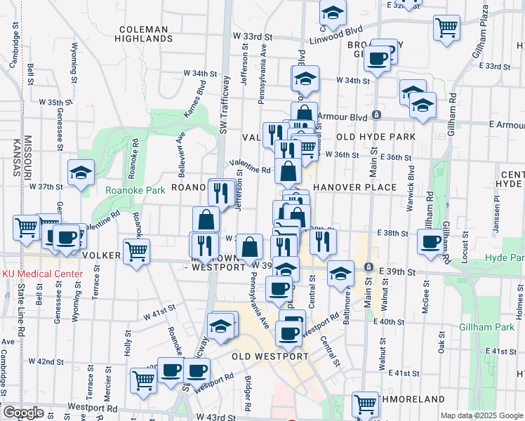 map of restaurants, bars, coffee shops, grocery stores, and more near 3632 Pennsylvania Avenue in Kansas City