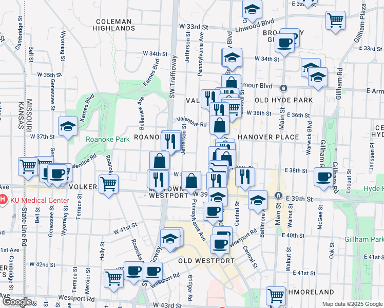 map of restaurants, bars, coffee shops, grocery stores, and more near 3632 Pennsylvania Avenue in Kansas City
