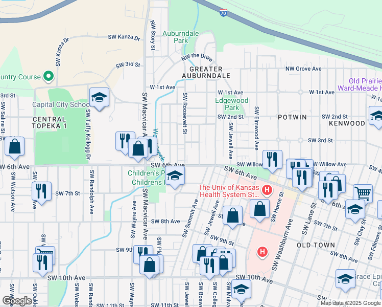 map of restaurants, bars, coffee shops, grocery stores, and more near 2301-2351 Southwest 3rd Street in Topeka