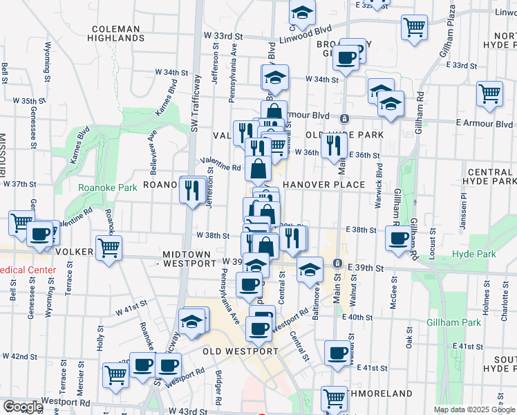map of restaurants, bars, coffee shops, grocery stores, and more near 3736 Broadway Boulevard in Kansas City