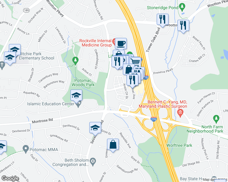 map of restaurants, bars, coffee shops, grocery stores, and more near 12401 Ansin Circle Drive in Potomac