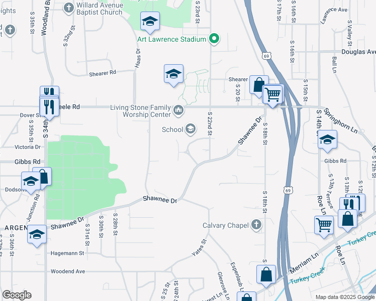 map of restaurants, bars, coffee shops, grocery stores, and more near 2312 Victoria Drive in Kansas City