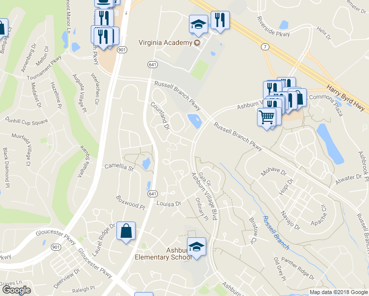 map of restaurants, bars, coffee shops, grocery stores, and more near 44007 Falmouth Court in Ashburn