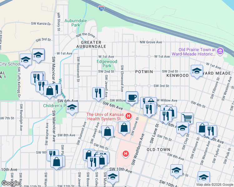 map of restaurants, bars, coffee shops, grocery stores, and more near 351 Southwest Elmwood Avenue in Topeka