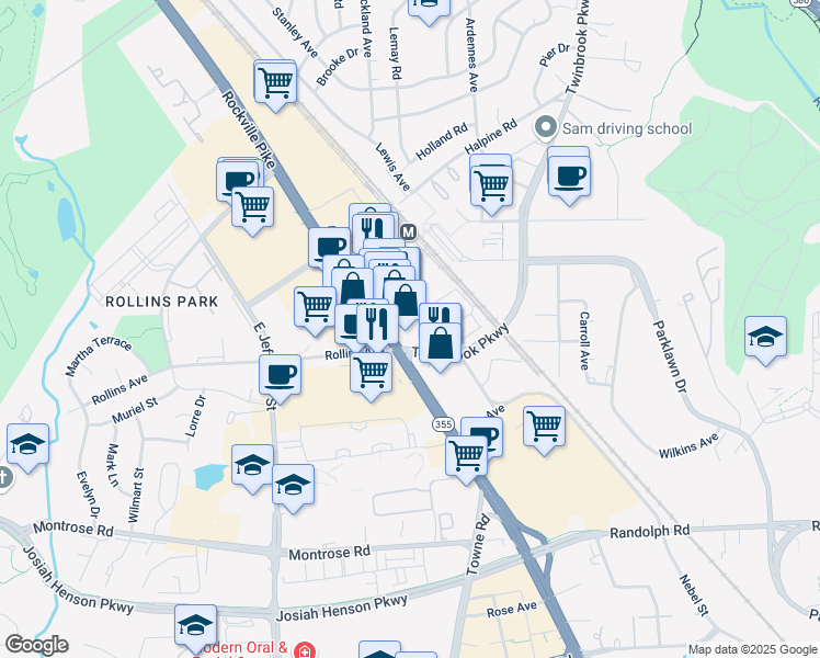map of restaurants, bars, coffee shops, grocery stores, and more near 801 Thompson Avenue in Rockville