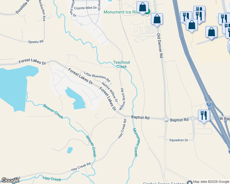 map of restaurants, bars, coffee shops, grocery stores, and more near 15651 Native Willow Drive in Monument