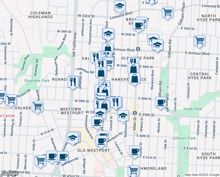 map of restaurants, bars, coffee shops, grocery stores, and more near 3701 Broadway Boulevard in Kansas City