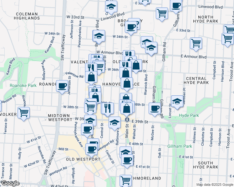 map of restaurants, bars, coffee shops, grocery stores, and more near 3701 Baltimore Avenue in Kansas City