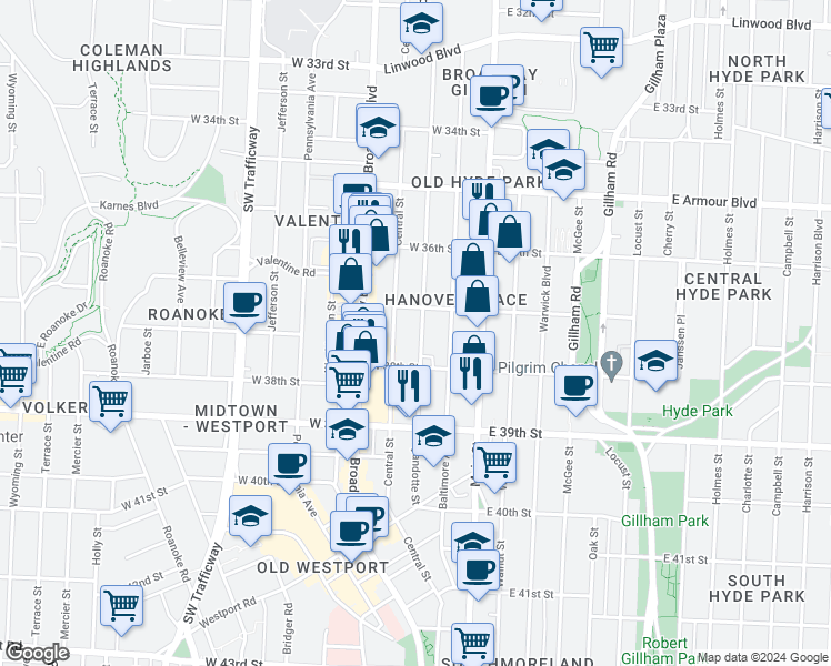 map of restaurants, bars, coffee shops, grocery stores, and more near 219 West 37th Street in Kansas City