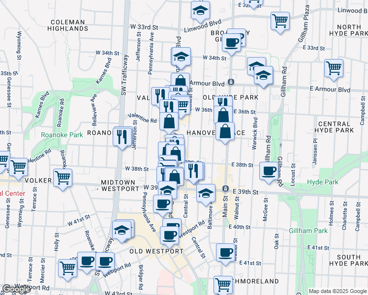 map of restaurants, bars, coffee shops, grocery stores, and more near 3701 Broadway Boulevard in Kansas City