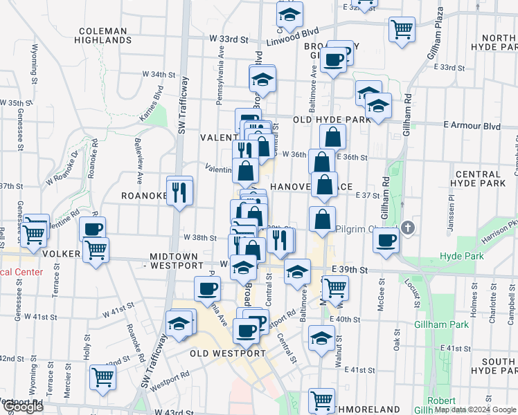 map of restaurants, bars, coffee shops, grocery stores, and more near 3701 Broadway Boulevard in Kansas City