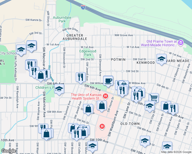 map of restaurants, bars, coffee shops, grocery stores, and more near 351 Southwest Elmwood Avenue in Topeka