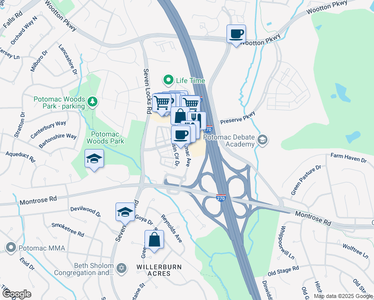map of restaurants, bars, coffee shops, grocery stores, and more near 12435 Park Potomac Avenue in Potomac