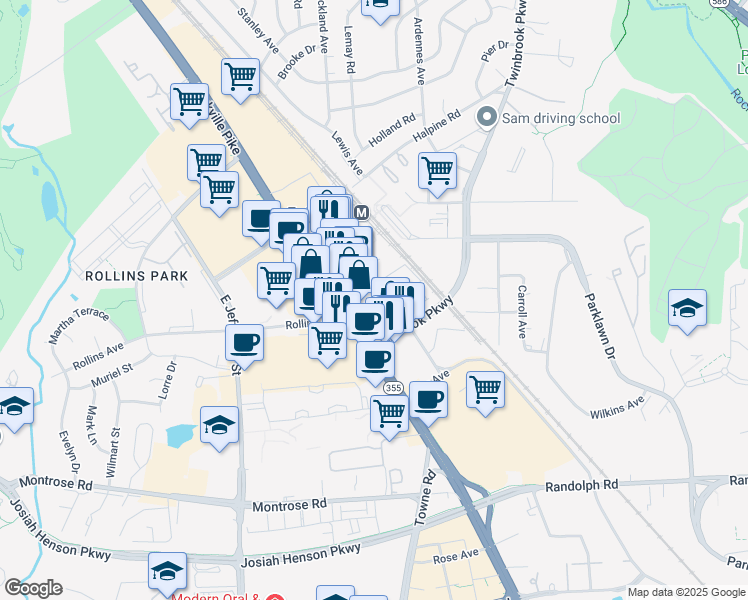 map of restaurants, bars, coffee shops, grocery stores, and more near 801 Thompson Avenue in Rockville