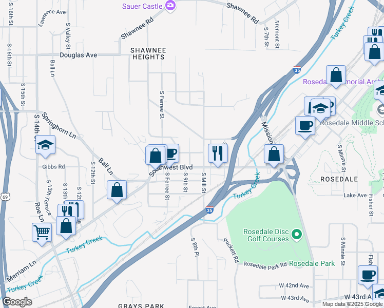 map of restaurants, bars, coffee shops, grocery stores, and more near 2327 South 9th Street in Kansas City