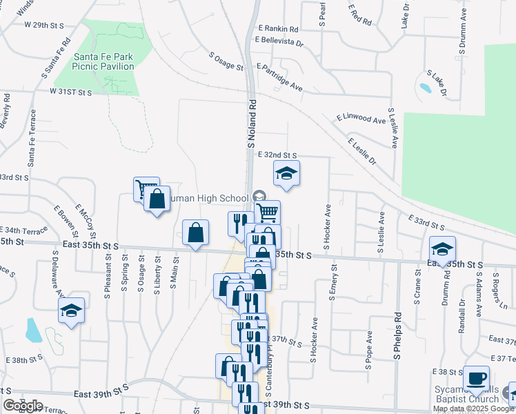 map of restaurants, bars, coffee shops, grocery stores, and more near 3301 South Noland Road in Independence