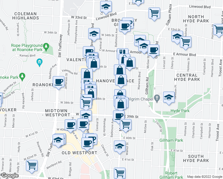 map of restaurants, bars, coffee shops, grocery stores, and more near 3716 Baltimore Avenue in Kansas City