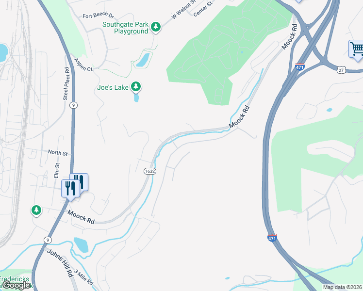 map of restaurants, bars, coffee shops, grocery stores, and more near 46 Woodland Hills Drive in Southgate
